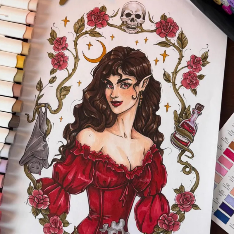 kolorowanka cyfrowa przedstawiająca portret wampirzycy w stylu whimsical, w kwiecistej ramce z nietoperzem, gwiazdami i księżycem