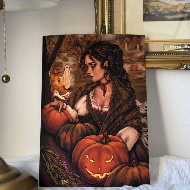 Jesienny plakat artystyczny z dyniami i duchami na Halloween