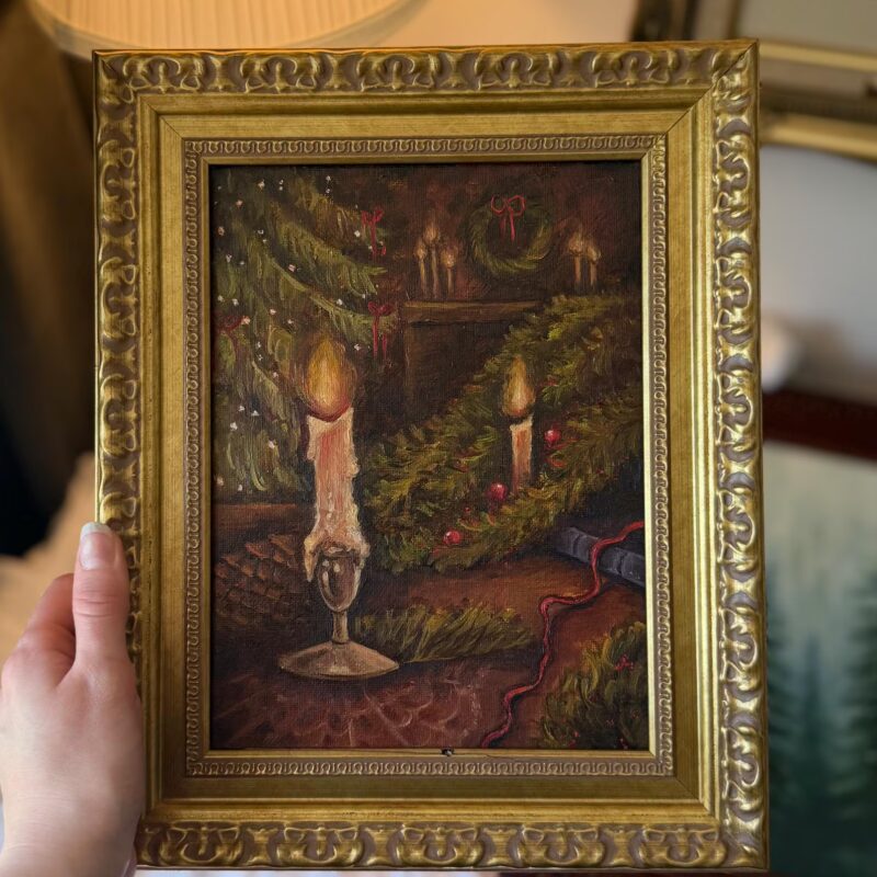 Oryginalny obraz olejny Victorian Christmas w złotej ramie vintage