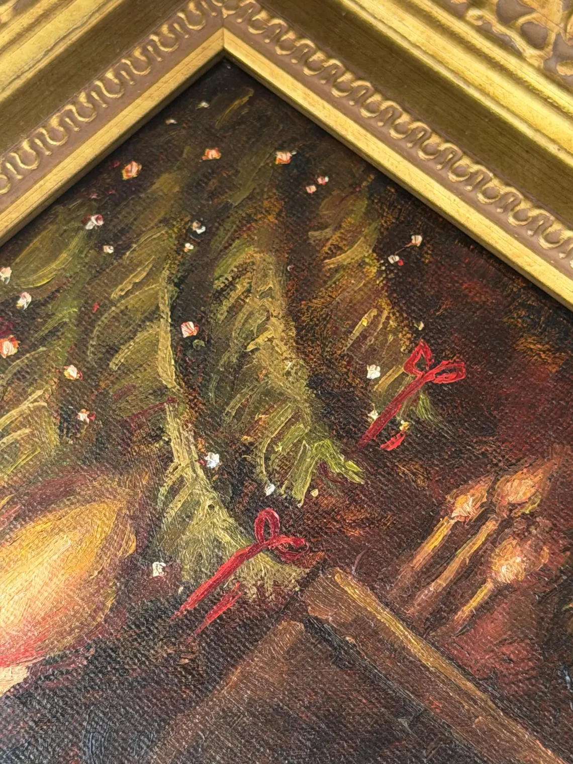 Nastrojowy obraz olejny vintage z bożonarodzeniową dekoracją