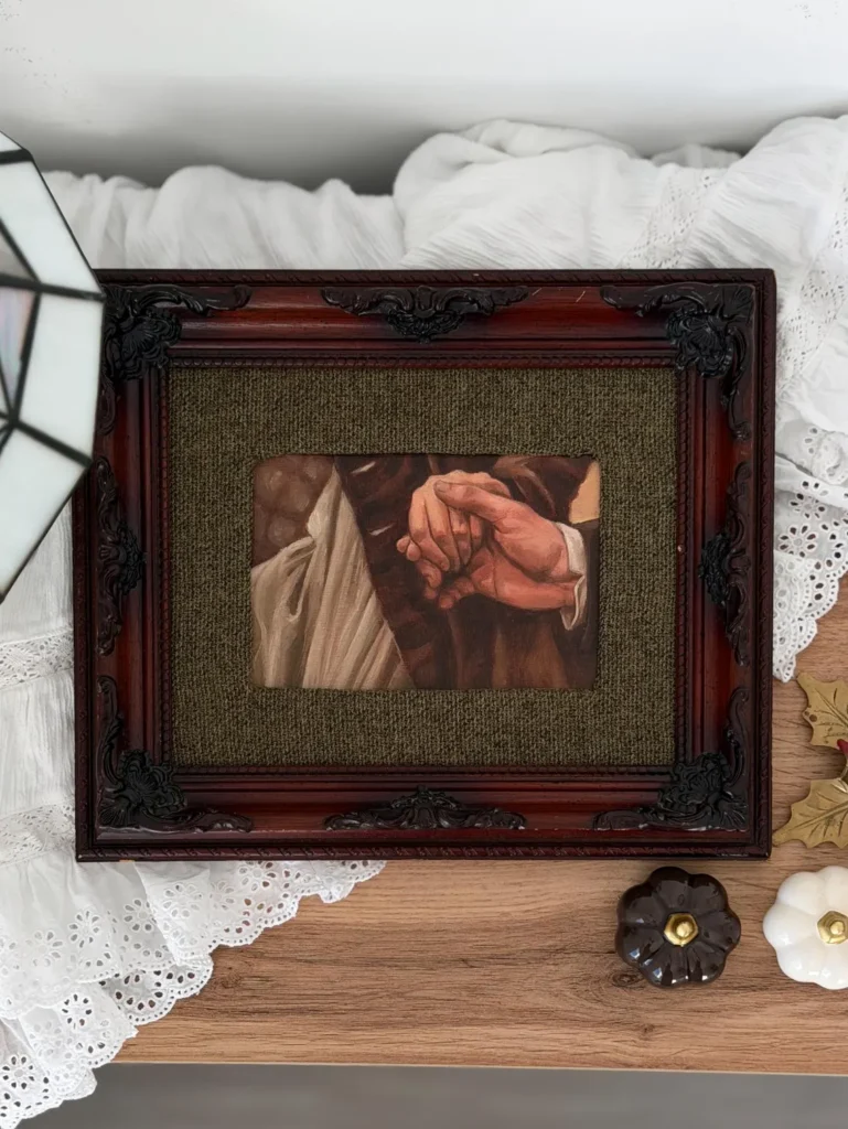Oryginalny obraz olejny w ozdobnej drewnianej ramie vintage - romantyczna scena inspirowana Jane Austen